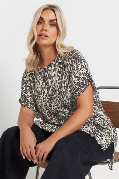 Yours Curve Natural Brown Leopard Print Plisse T-Shirt