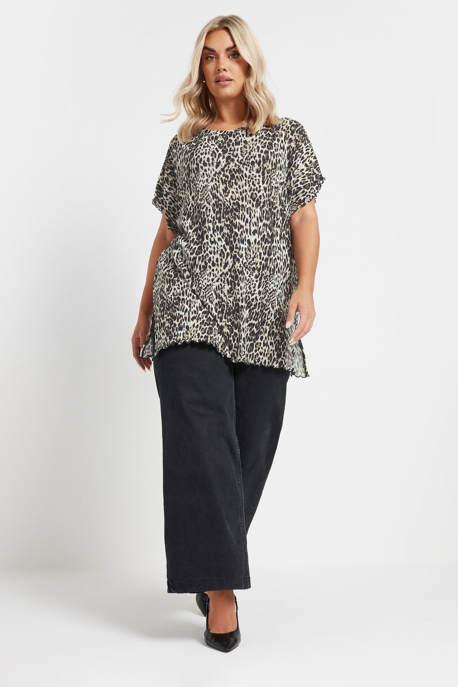 Yours Curve Natural Brown Leopard Print Plisse T-Shirt