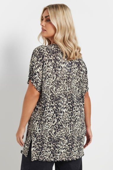 Yours Curve Natural Brown Leopard Print Plisse T-Shirt