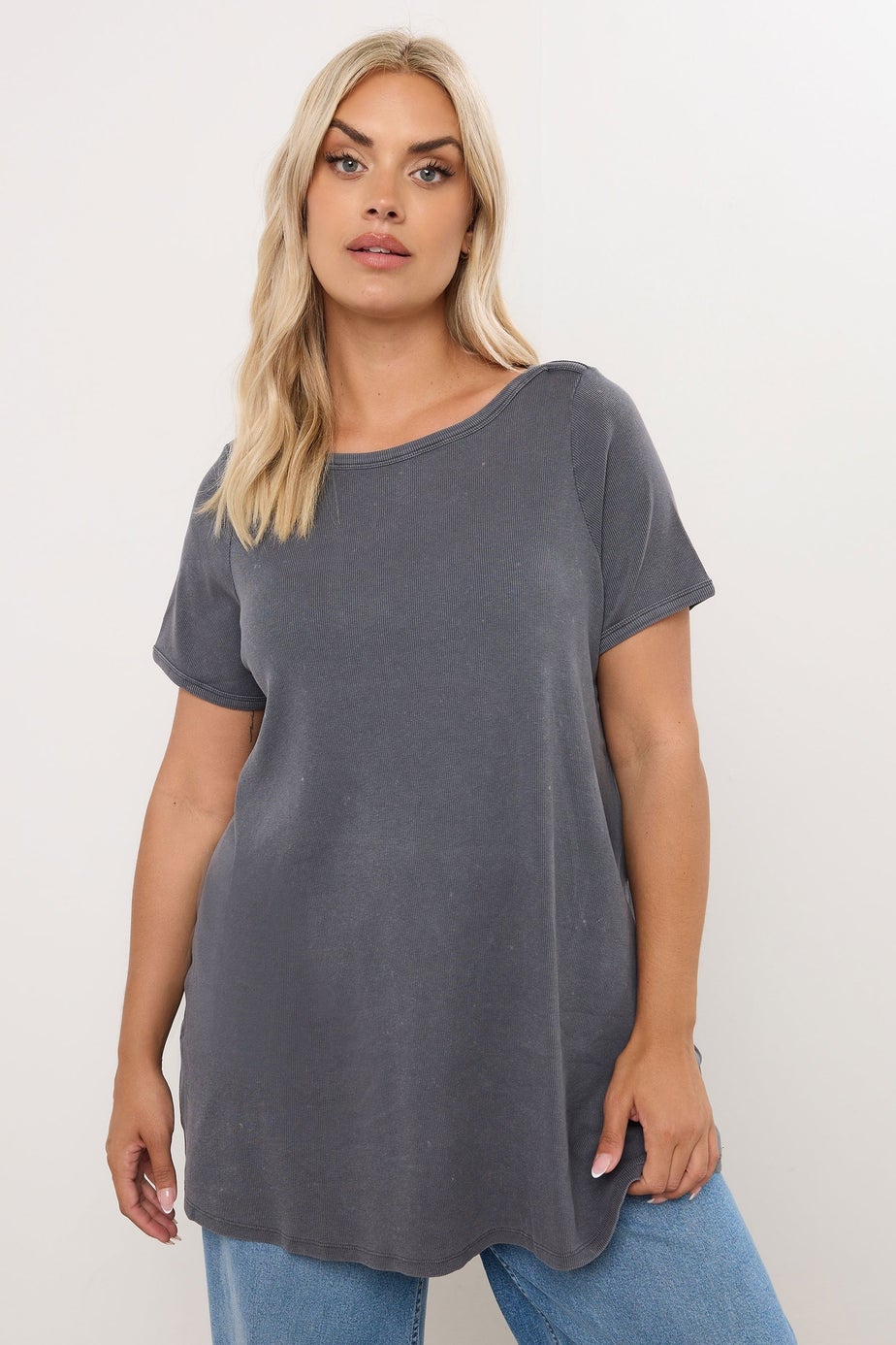 Yours Curve Grey Acid Wash Ribbed Swing T-Shirt