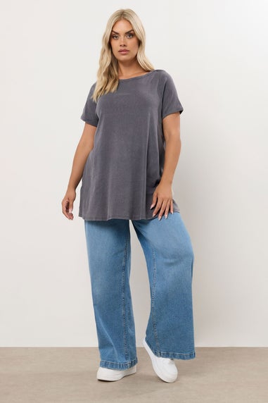 Yours Curve Grey Acid Wash Ribbed Swing T-Shirt