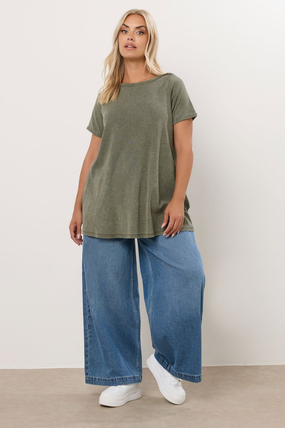 Yours Curve Khaki Green Acid Wash Ribbed Swing T-Shirt