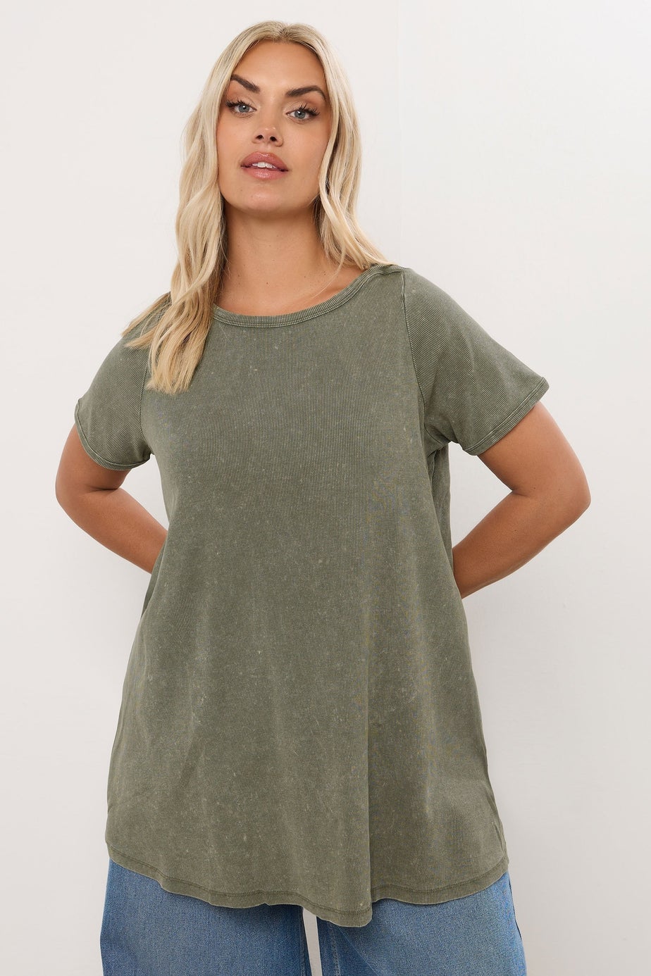 Yours Curve Khaki Green Acid Wash Ribbed Swing T-Shirt