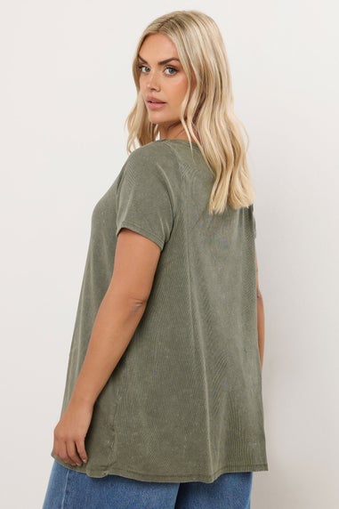 Yours Curve Khaki Green Acid Wash Ribbed Swing T-Shirt