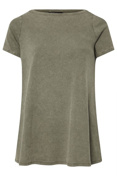 Yours Curve Khaki Green Acid Wash Ribbed Swing T-Shirt