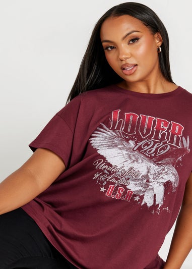 Yours Curve Burgundy Red Lover Slogan T-Shirt