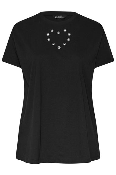 Yours Curve Black Eyelet Heart T-Shirt