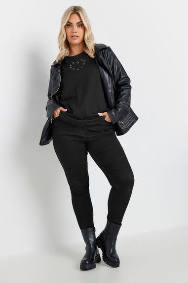 Yours Curve Black Eyelet Heart T-Shirt