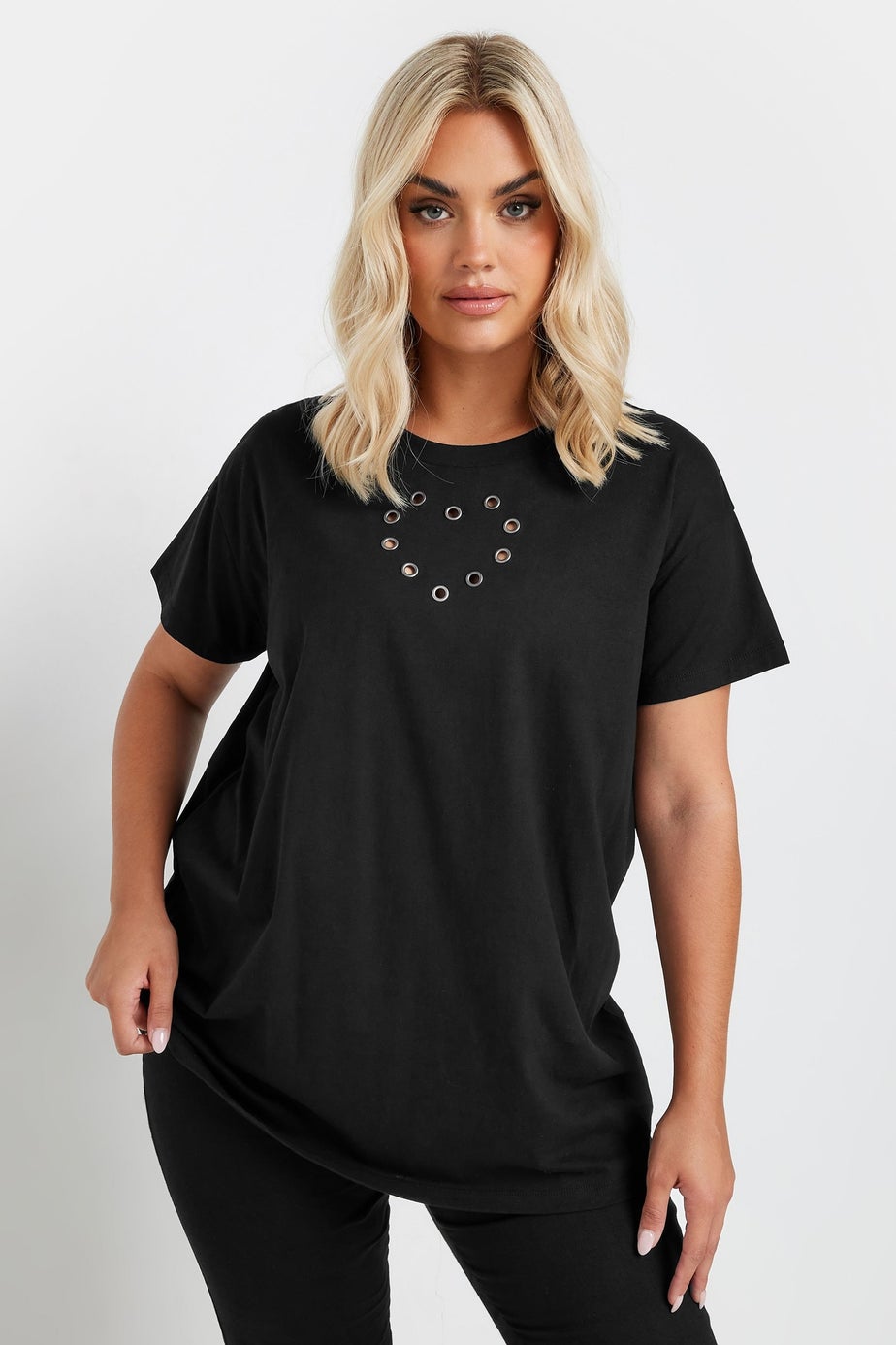Yours Curve Black Eyelet Heart T-Shirt