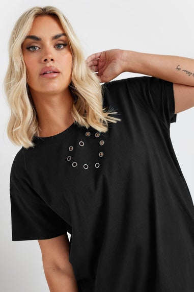 Yours Curve Black Eyelet Heart T-Shirt