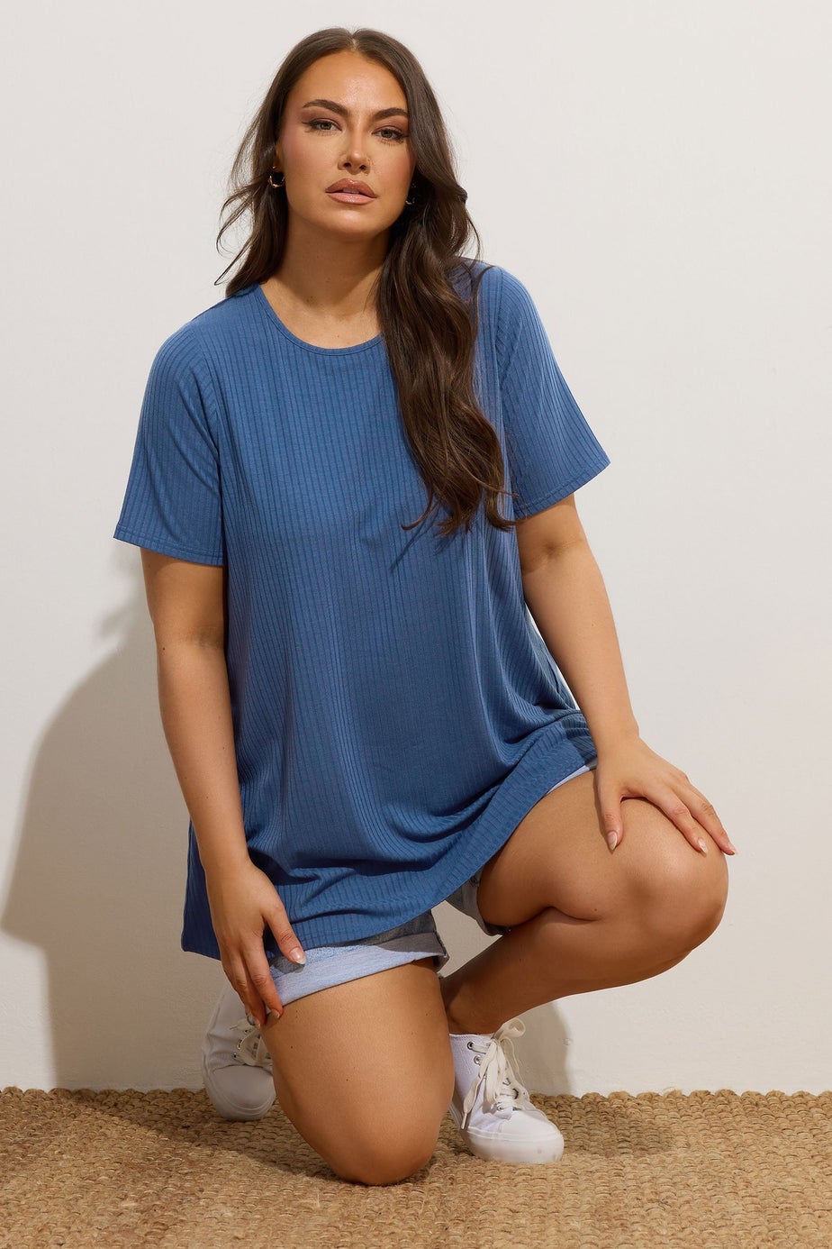 Yours Curve Blue Ribbed Swing Top