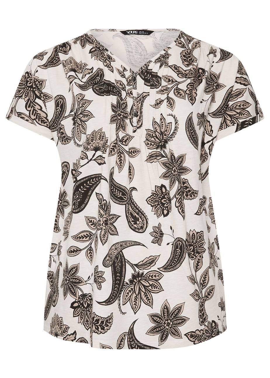 Yours Curve Cream Paisley Print Henley T-Shirt