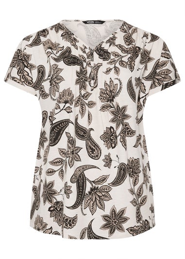 Yours Curve Cream Paisley Print Henley T-Shirt