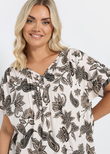 Yours Curve Cream Paisley Print Henley T-Shirt