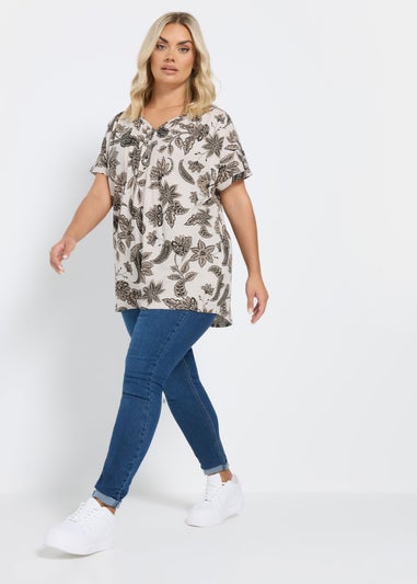 Yours Curve Cream Paisley Print Henley T-Shirt