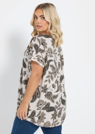 Yours Curve Cream Paisley Print Henley T-Shirt