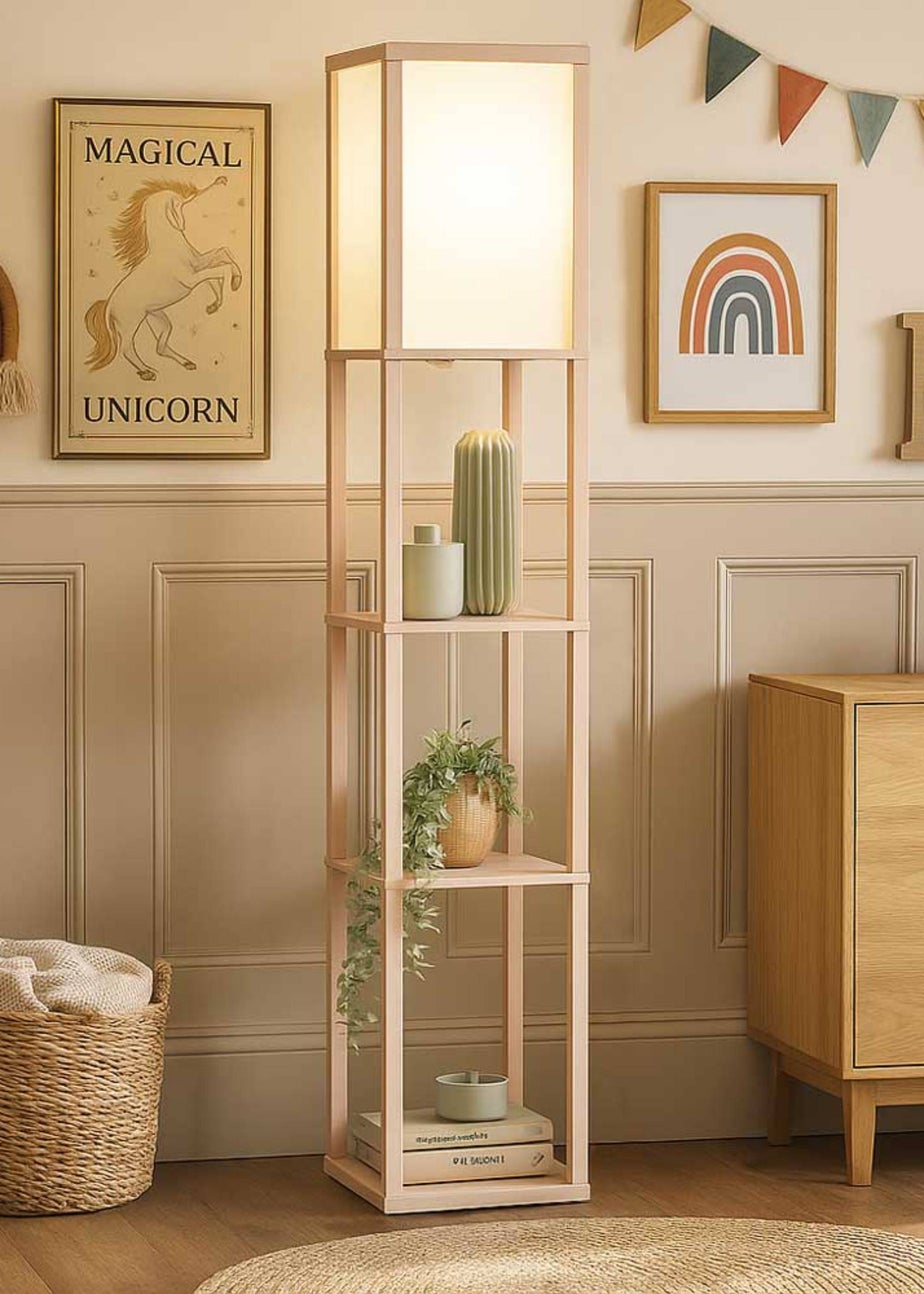 ValueLights Struttura Pink Wood Shelving Floor Lamp