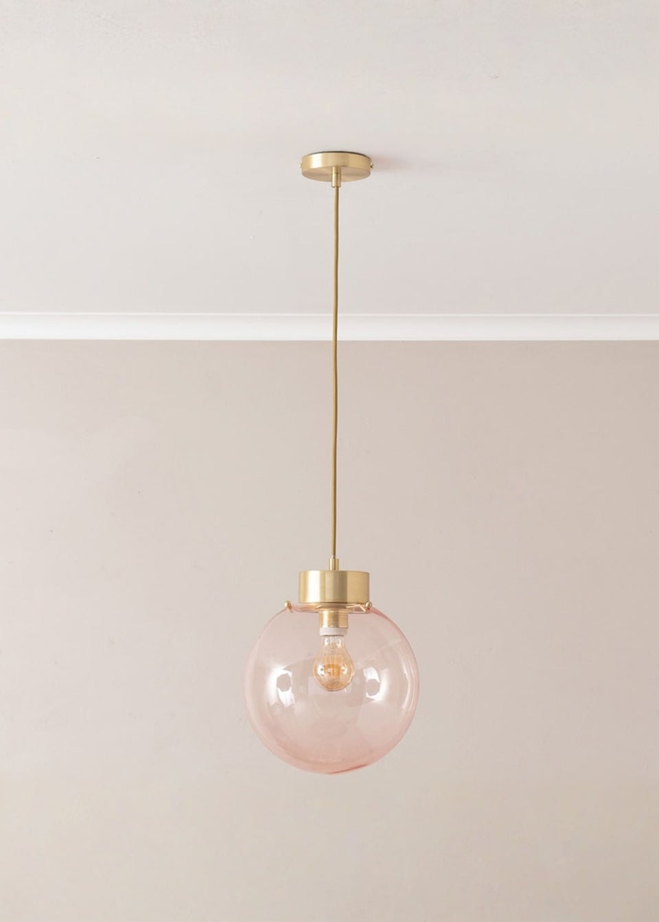 ValueLights Frenchie Pink Glass Globe Brushed Gold Capped Ceiling Light