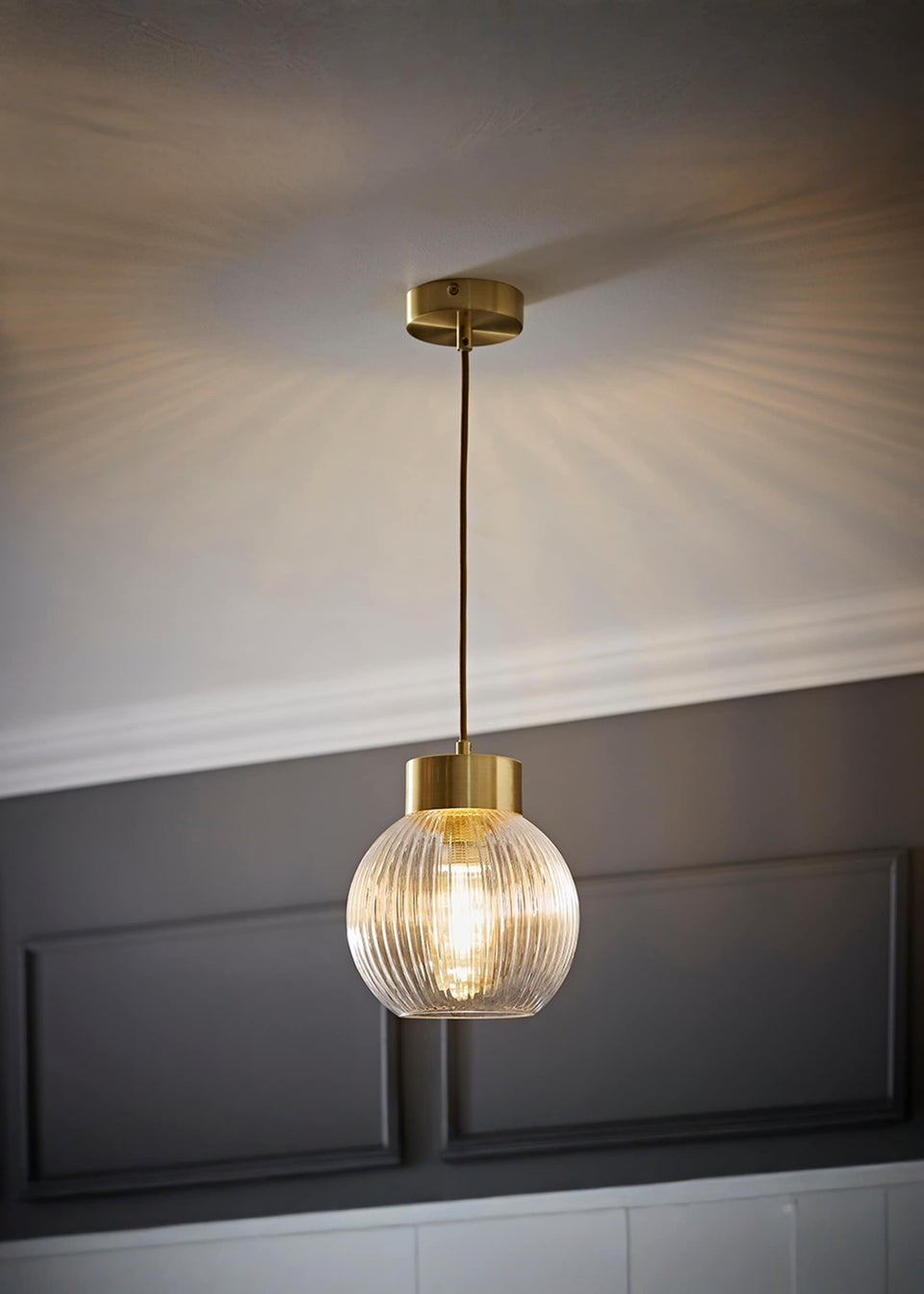 ValueLights Maddison Ribbed Glass Shade Brushed Gold Capped Ceiling Light