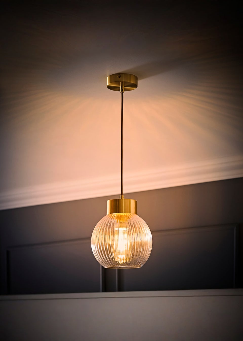 ValueLights Maddison Ribbed Glass Shade Brushed Gold Capped Ceiling Light