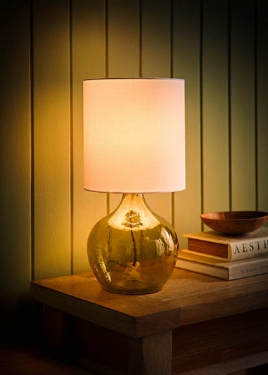 ValueLights Emily Dark Green Glass Table Lamp Natural Lampshade
