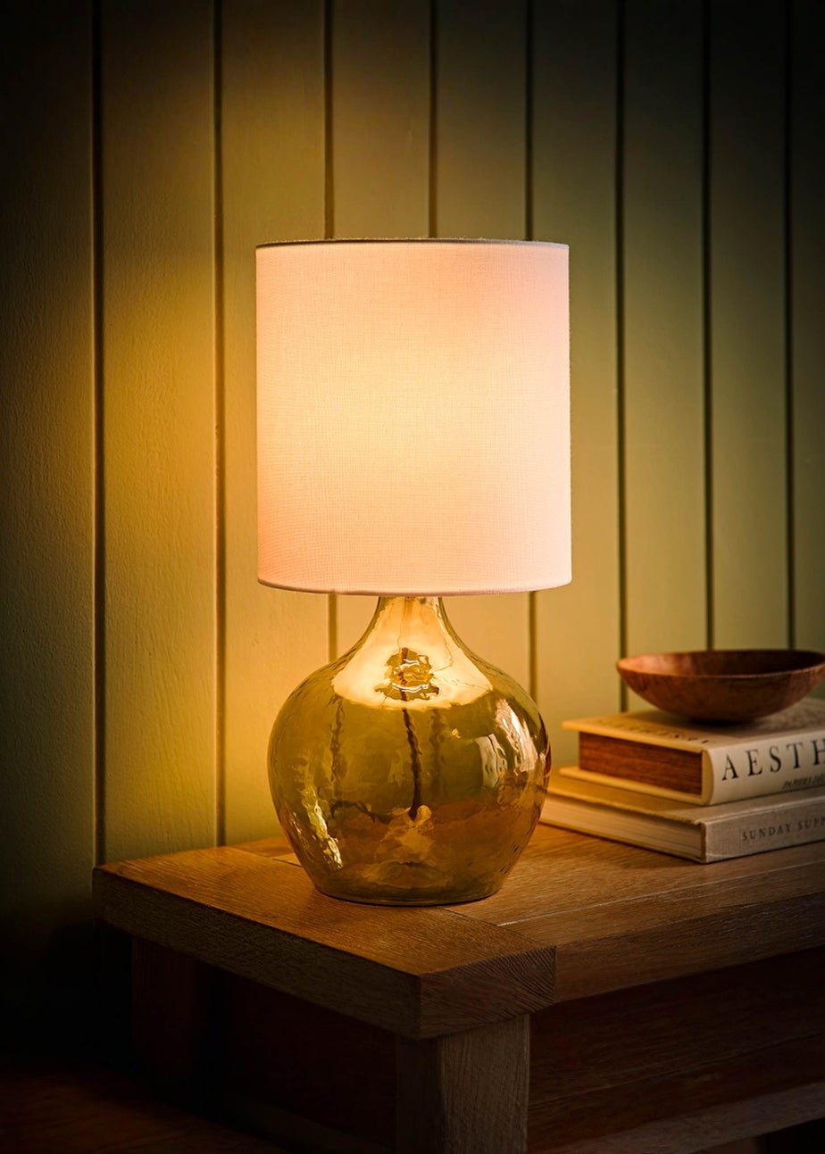 ValueLights Emily Dark Green Glass Table Lamp Natural Lampshade