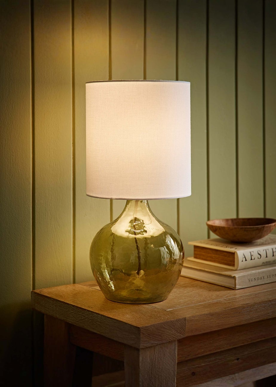 ValueLights Emily Dark Green Glass Table Lamp Natural Lampshade