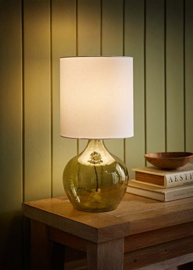 ValueLights Emily Dark Green Glass Table Lamp Natural Lampshade