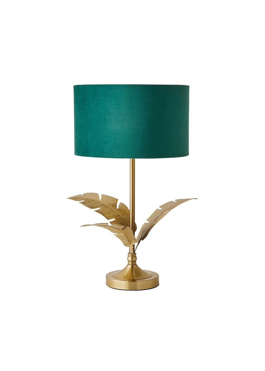 ValueLights Christina Gold Palm Leaf Table Lamp Green Velvet Lampshade
