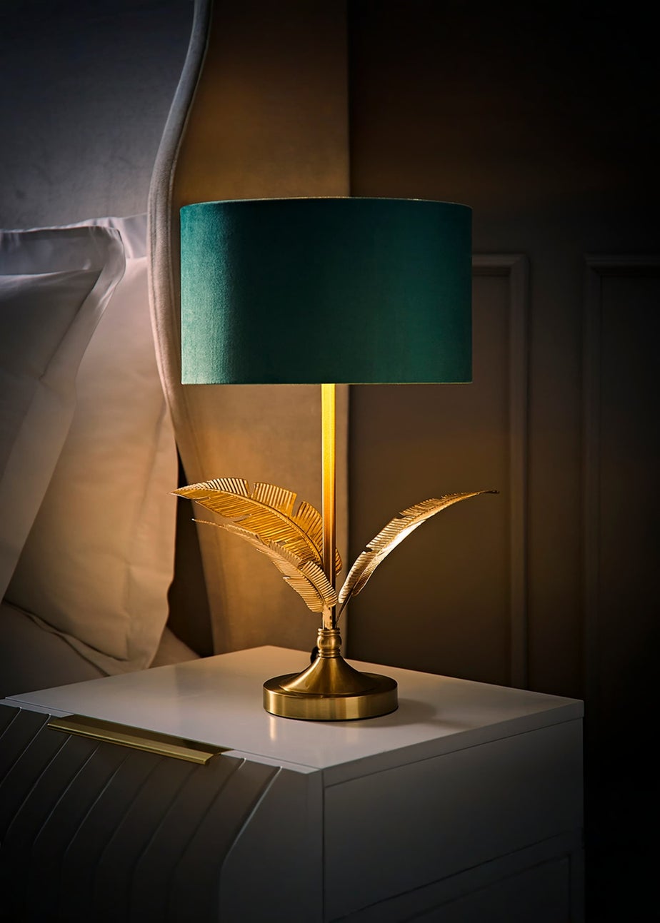 ValueLights Christina Gold Palm Leaf Table Lamp Green Velvet Lampshade