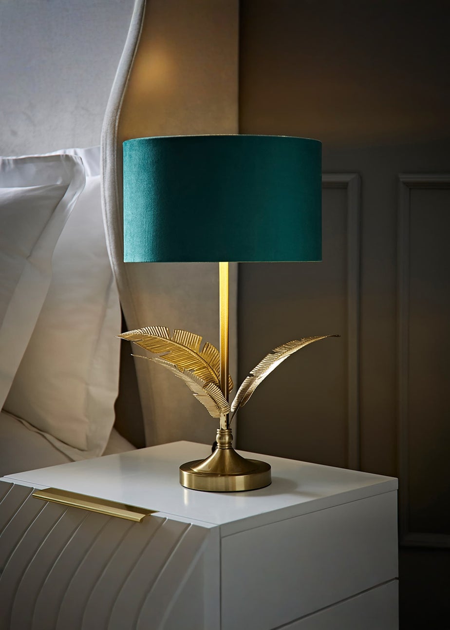 ValueLights Christina Gold Palm Leaf Table Lamp Green Velvet Lampshade