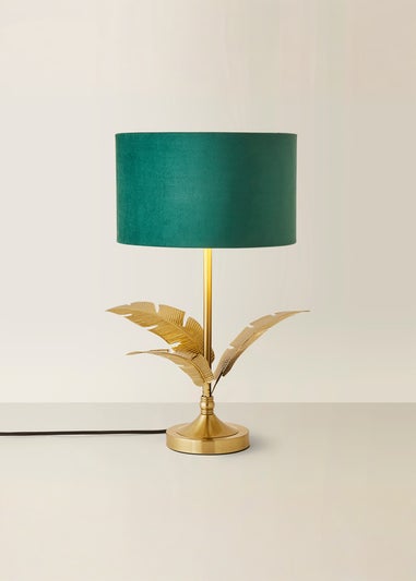 ValueLights Christina Gold Palm Leaf Table Lamp Green Velvet Lampshade