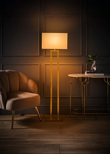 ValueLights Gloria Gold Double Stem Metal Floor Lamp with Rectangular Lampshade
