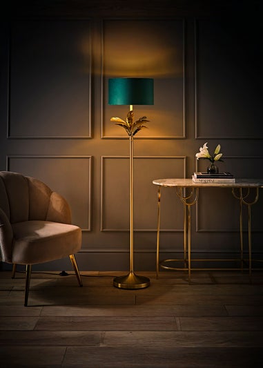 ValueLights Christina Gold Palm Leaf Floor Lamp Green Velvet Lampshade