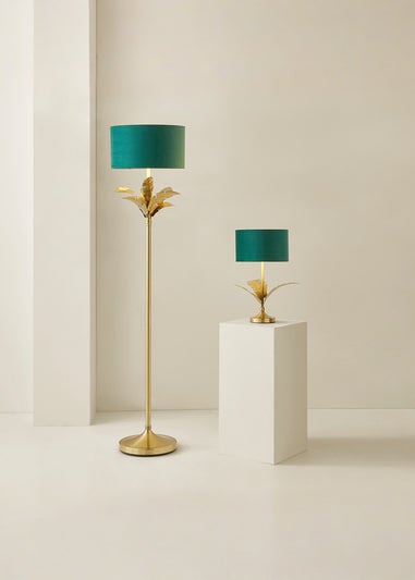 ValueLights Christina Gold Palm Leaf Floor Lamp Green Velvet Lampshade