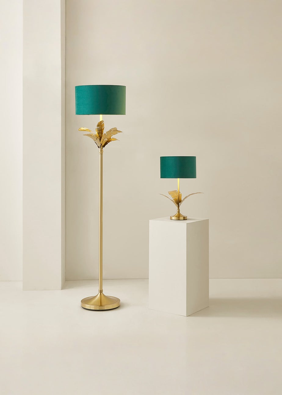 ValueLights Christina Gold Palm Leaf Floor Lamp Green Velvet Lampshade