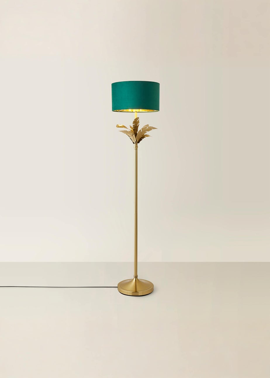ValueLights Christina Gold Palm Leaf Floor Lamp Green Velvet Lampshade