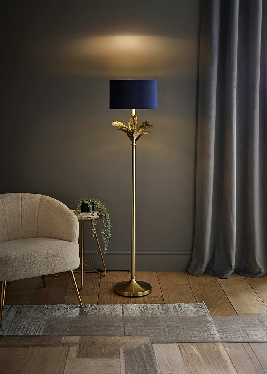 ValueLights Christina Gold Palm Leaf Floor Lamp Navy Velvet Lampshade