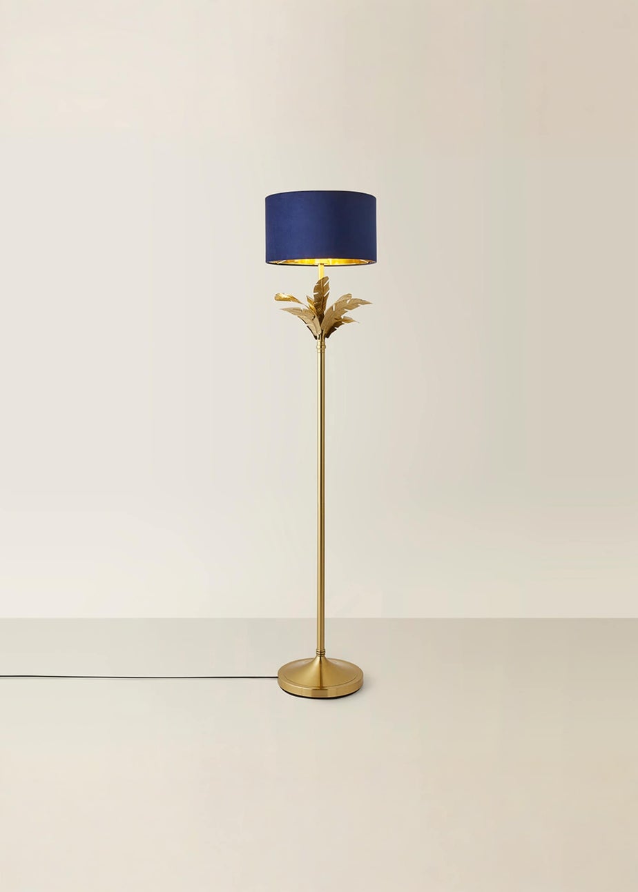 ValueLights Christina Gold Palm Leaf Floor Lamp Navy Velvet Lampshade