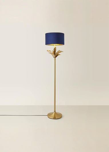 ValueLights Christina Gold Palm Leaf Floor Lamp Navy Velvet Lampshade