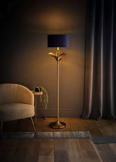 ValueLights Christina Gold Palm Leaf Floor Lamp Navy Velvet Lampshade