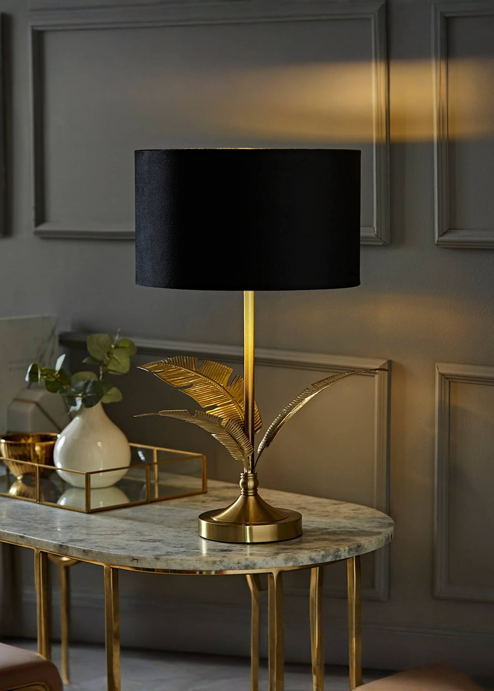 ValueLights Christina Gold Palm Leaf Table Lamp Black Velvet Lampshade
