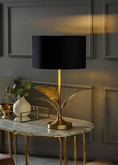 ValueLights Christina Gold Palm Leaf Table Lamp Black Velvet Lampshade