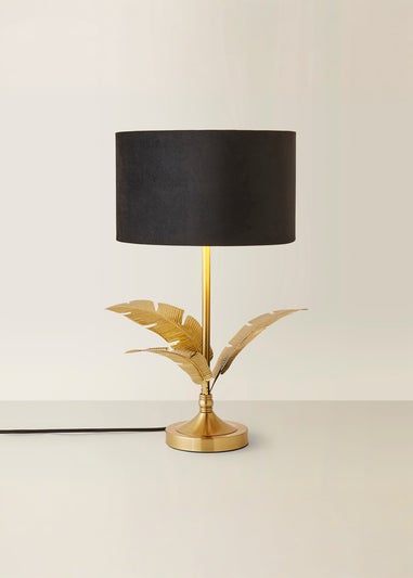 ValueLights Christina Gold Palm Leaf Table Lamp Black Velvet Lampshade