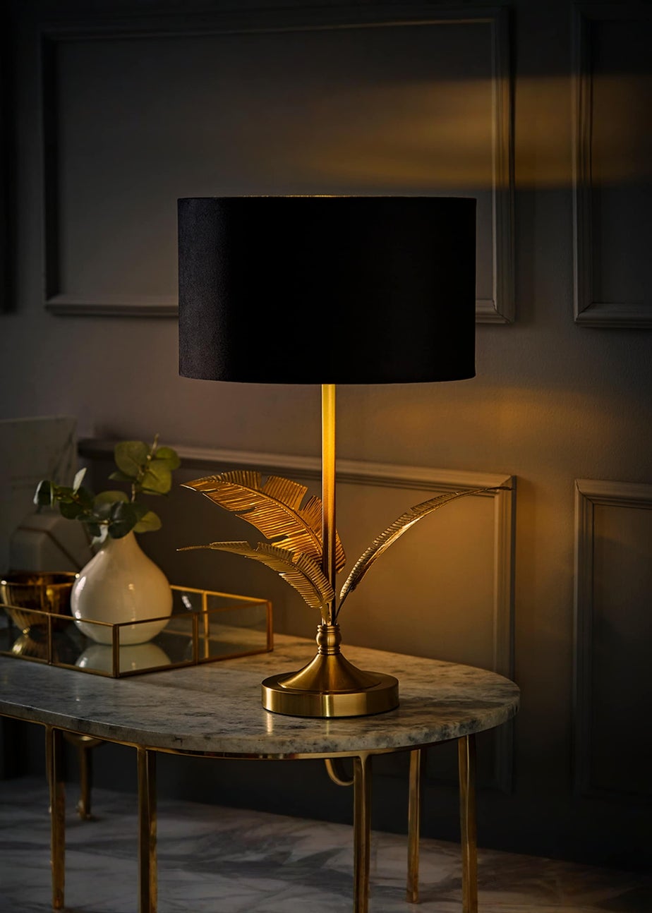 ValueLights Christina Gold Palm Leaf Table Lamp Black Velvet Lampshade