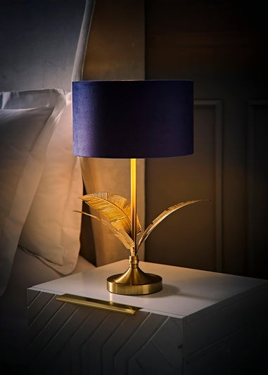 ValueLights Christina Gold Palm Leaf Table Lamp Navy Velvet Lampshade