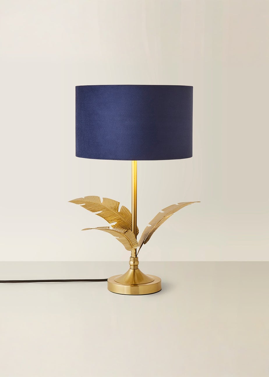 ValueLights Christina Gold Palm Leaf Table Lamp Navy Velvet Lampshade