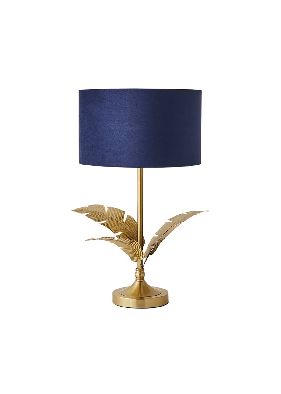 ValueLights Christina Gold Palm Leaf Table Lamp Navy Velvet Lampshade