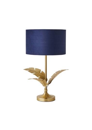 ValueLights Christina Gold Palm Leaf Table Lamp Navy Velvet Lampshade
