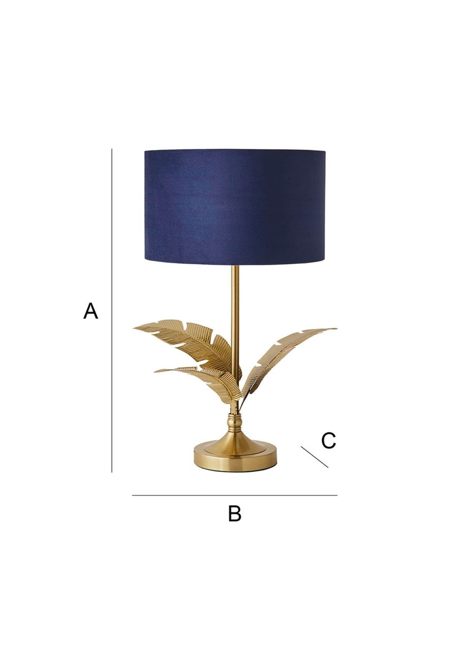 ValueLights Christina Gold Palm Leaf Table Lamp Navy Velvet Lampshade